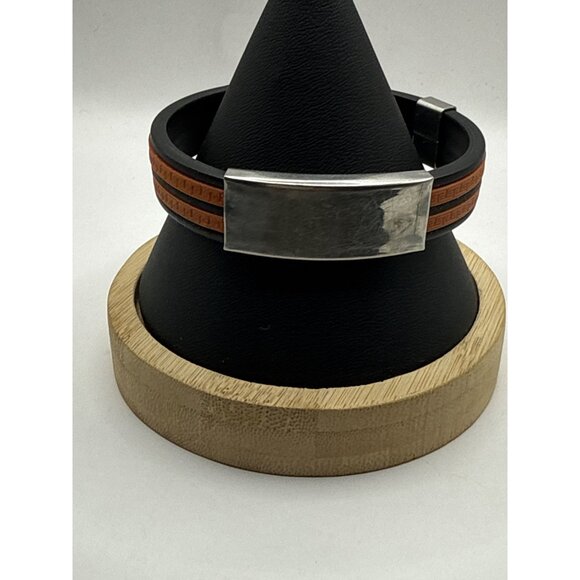 Mens Stainless Steel & Silicone Bracelet W/ Greek Key Design Adjustable Clasp - Picture 1 of 7